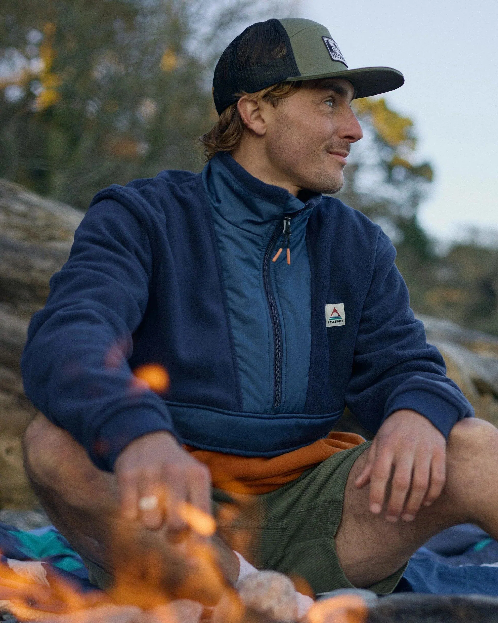 Men's Woodland Hoodless 1/2 Zip Fleece - Blue / Orange - Image 3