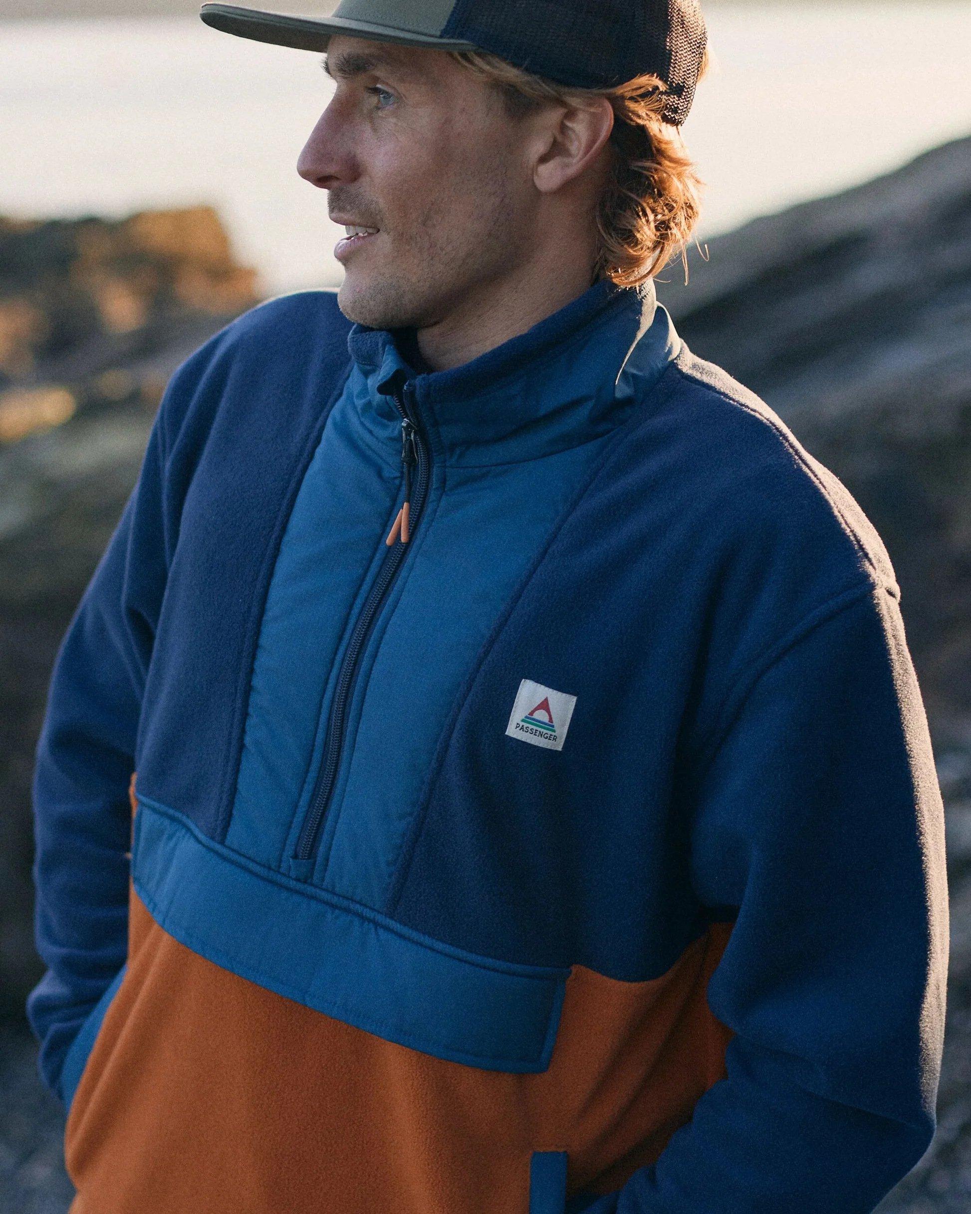 Men's Woodland Hoodless 1/2 Zip Fleece - Blue / Orange - Image 4