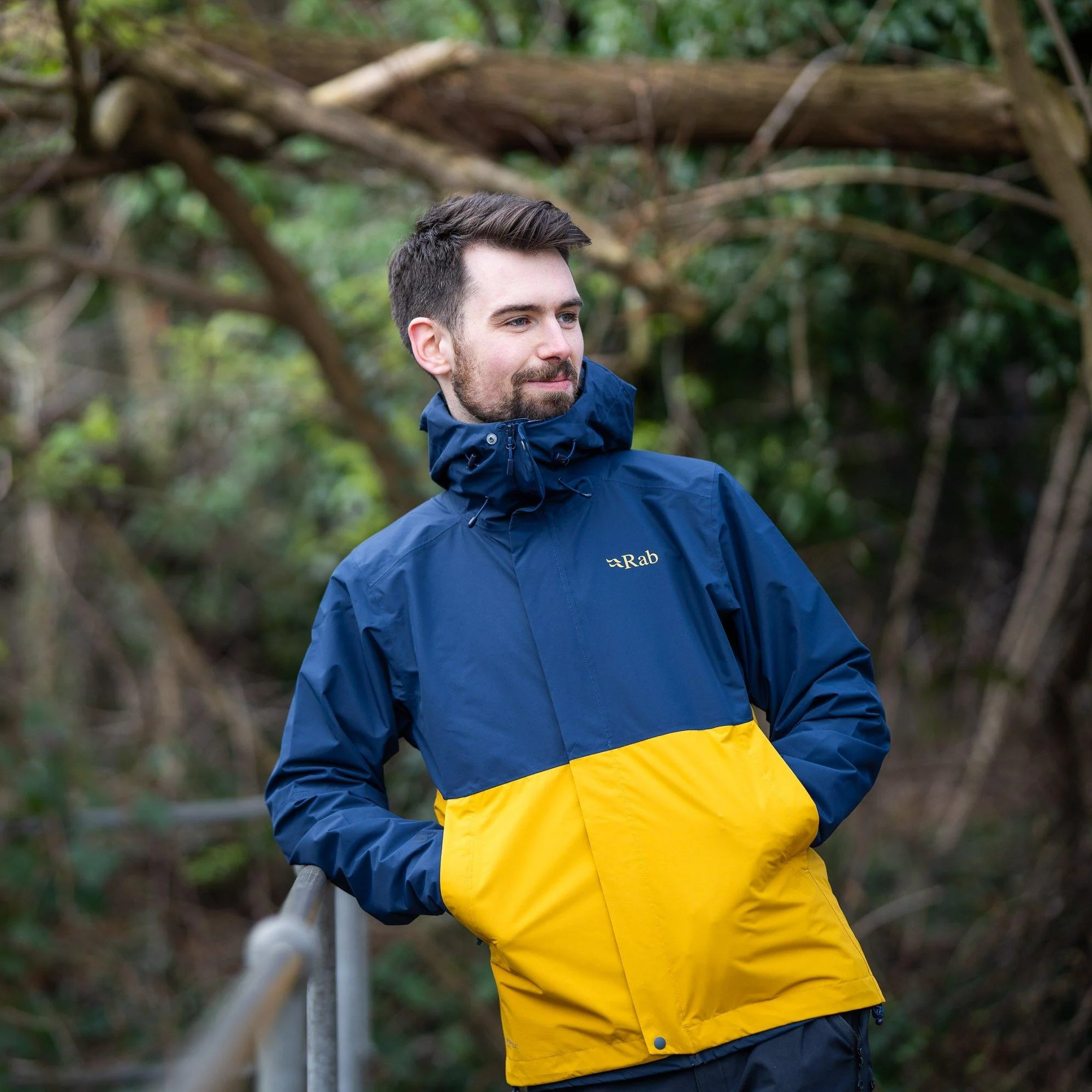 Men's Downpour Waterproof Jacket - Navy / Yellow - Image 5